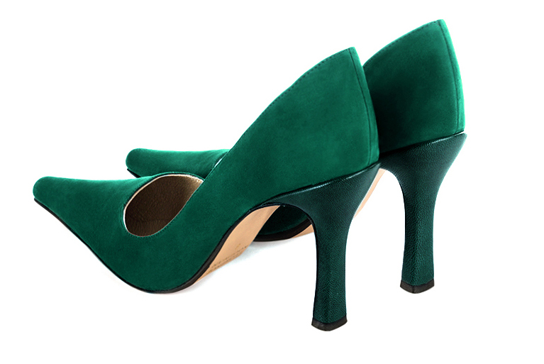 Emerald green women's dress pumps,with a square neckline. Pointed toe. Very high spool heels. Rear view - Florence KOOIJMAN